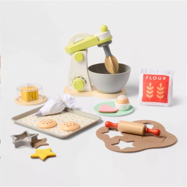 wooden kitchen mixer and baking play set.