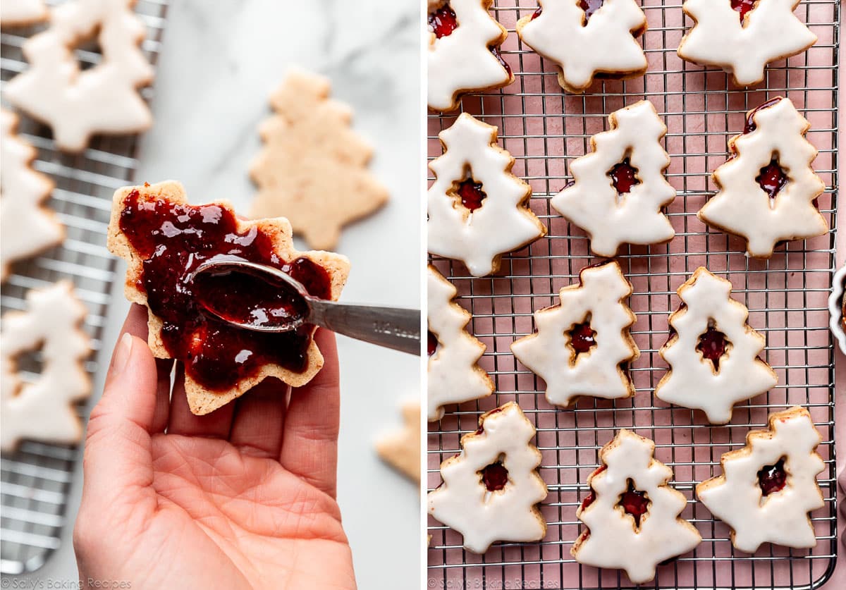 spreading jam on underside of cookie and shown again with icing on cooling rack.