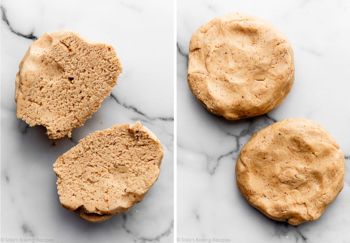 almond cookie dough cut in half and shown again flattened into discs.