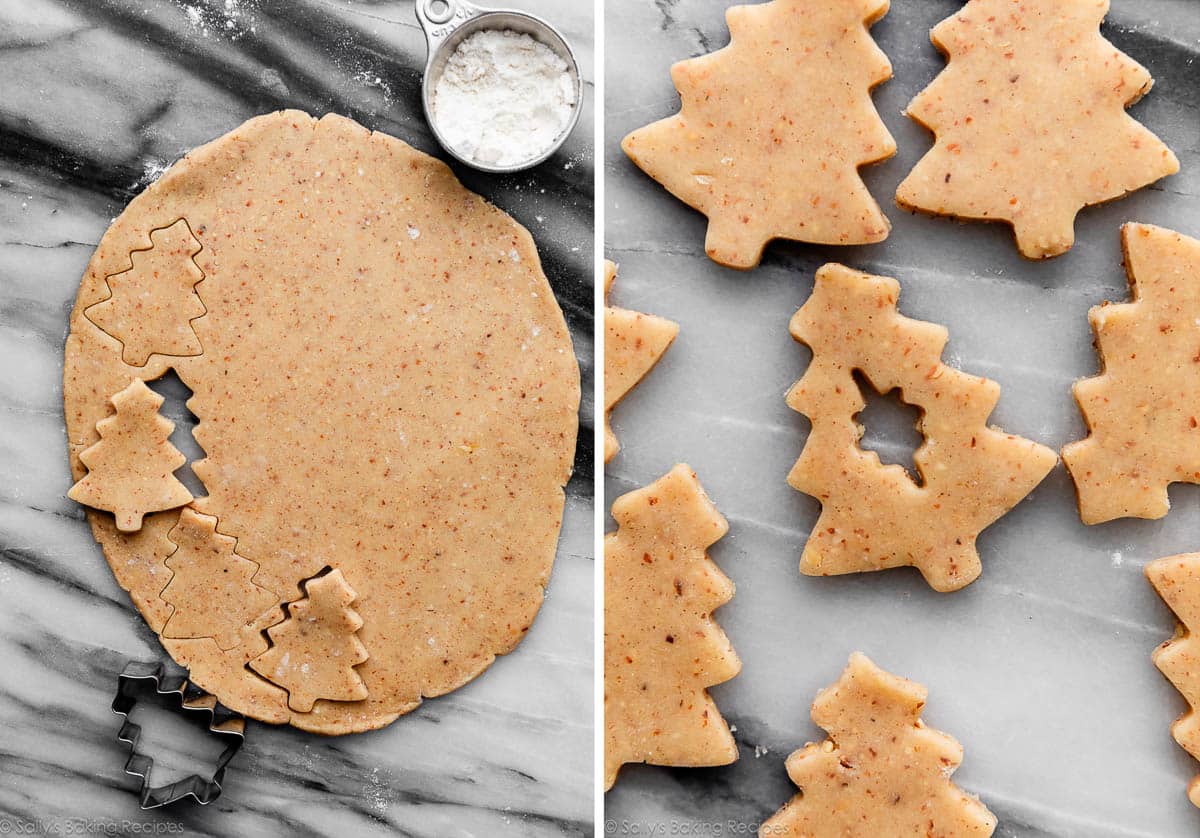 almond cookie dough rolled out on marble slap and cut into tree shapes.