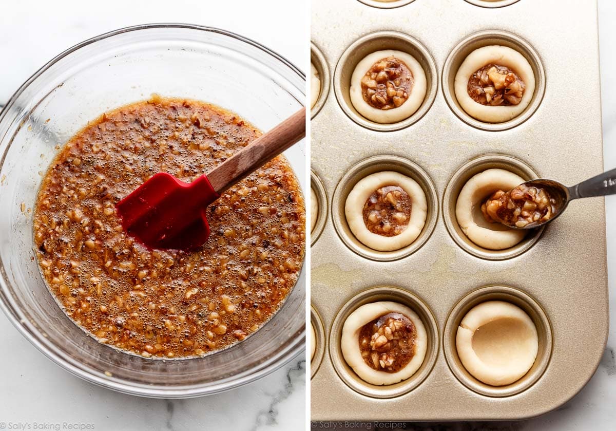 nut filling in glass bowl and shown again being spooned into mini muffin pan crusts.