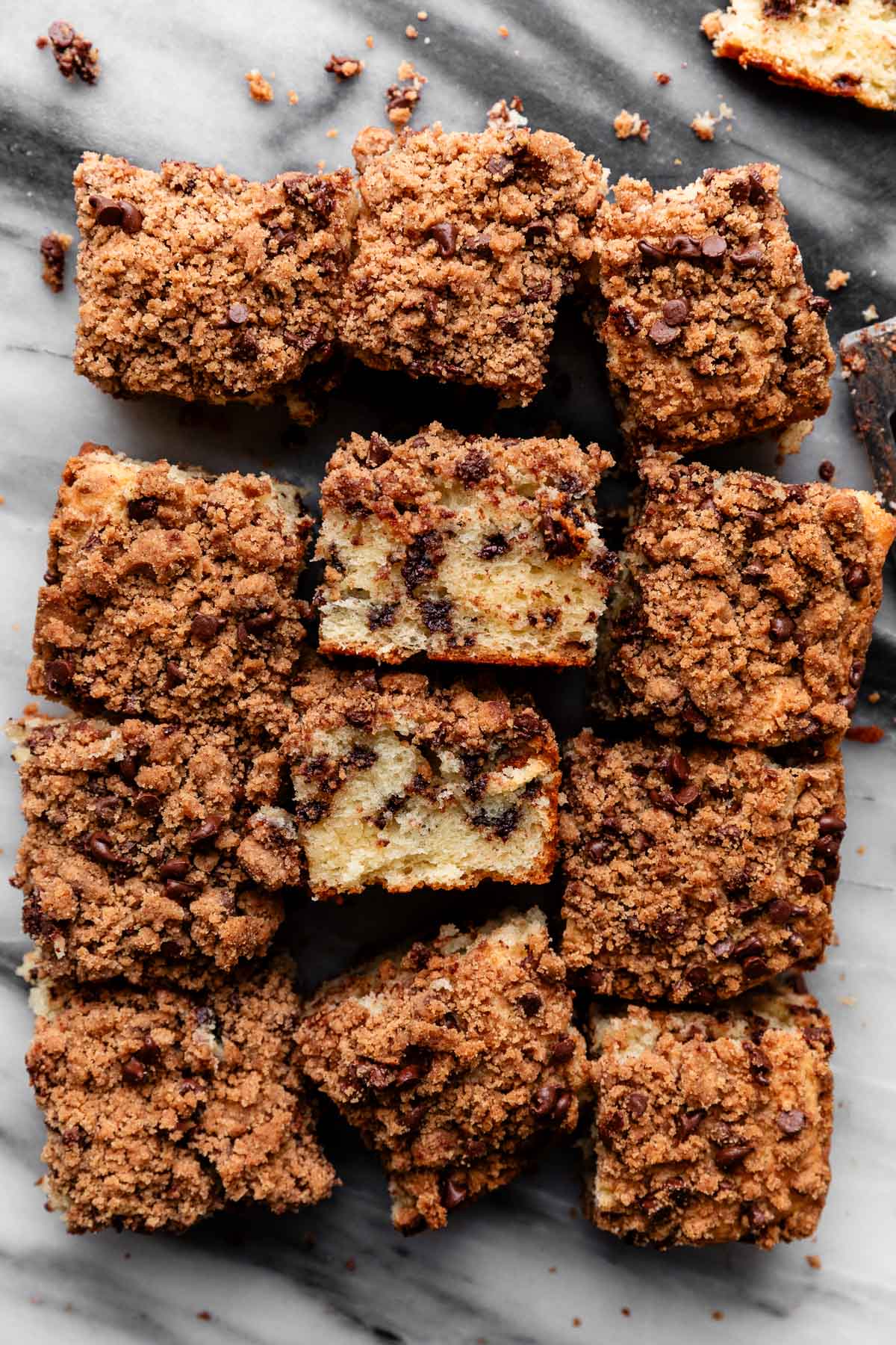 overhead photo of chocolate chip crumb cake.