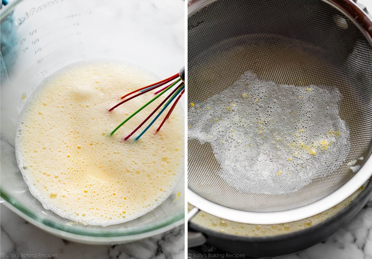 tempered egg yolk and milk mixture in glass bowl and another picture showing egg yolk solids caught in sieve.