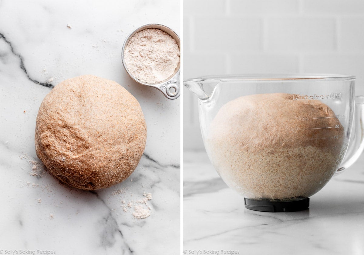 dough ball on marble surface and shown again risen in glass bowl.