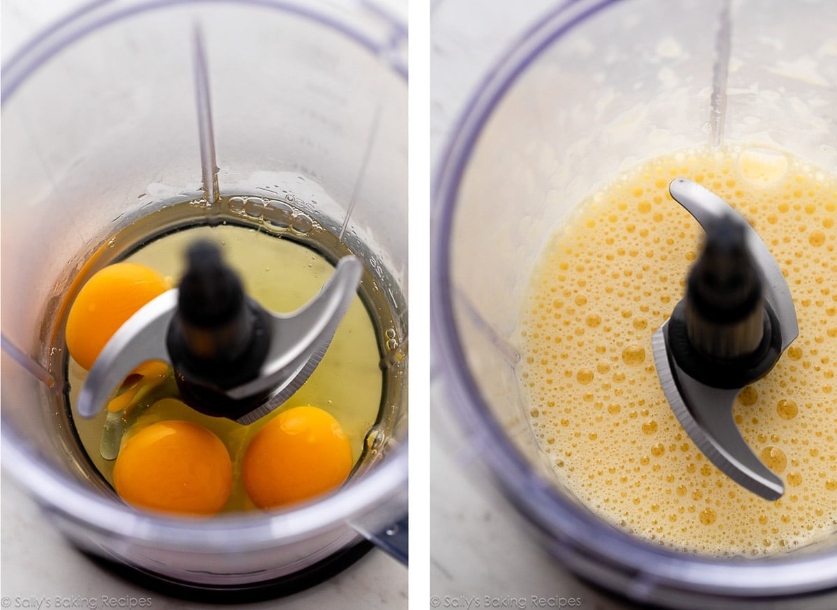 3 eggs in blender and shown again after whipping.