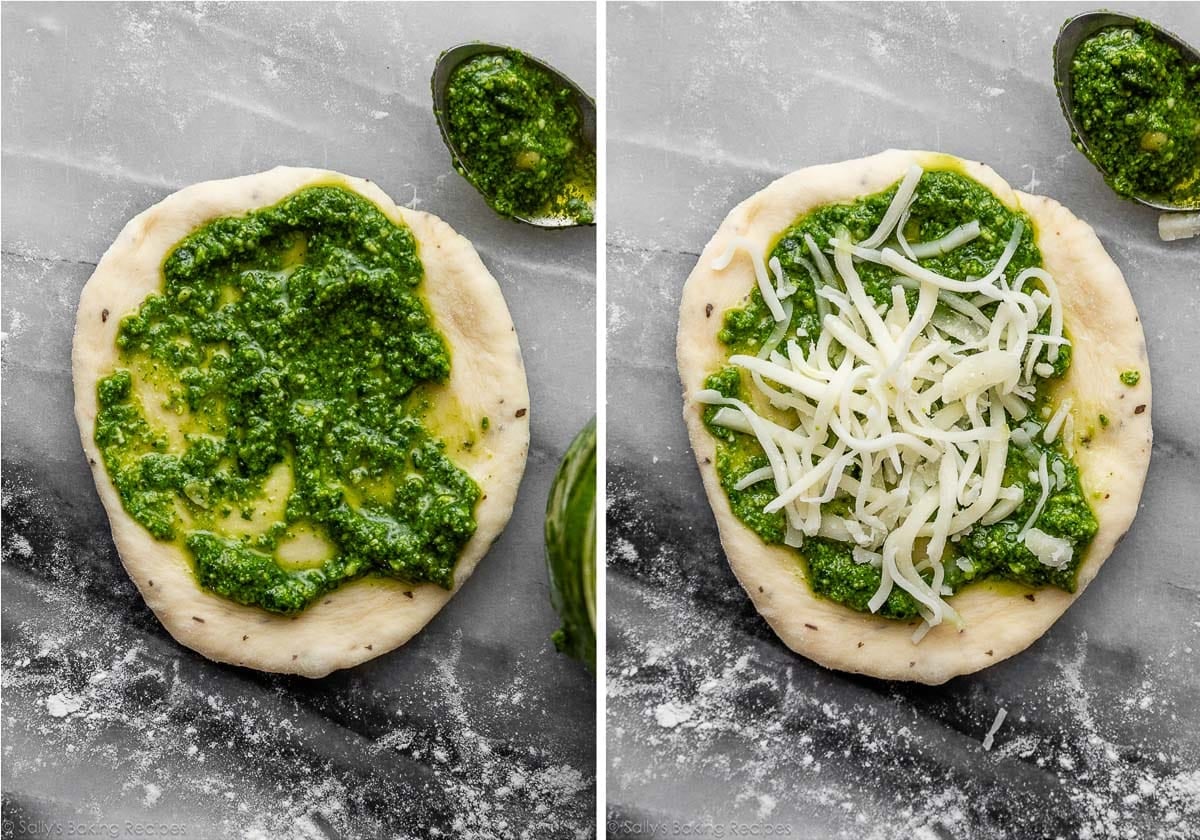 pesto spread on circle of dough and shown again with cheese on top.