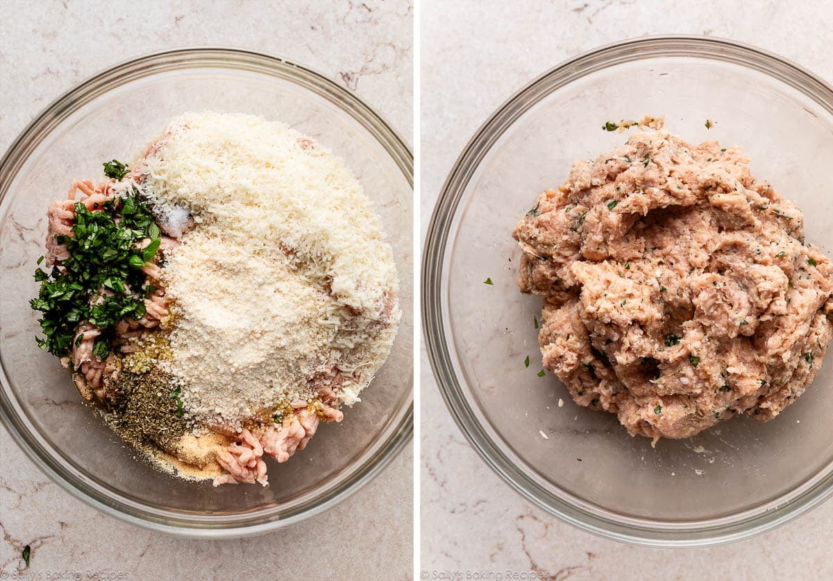 chicken mixture with basil and breadcrumbs in glass bowl.