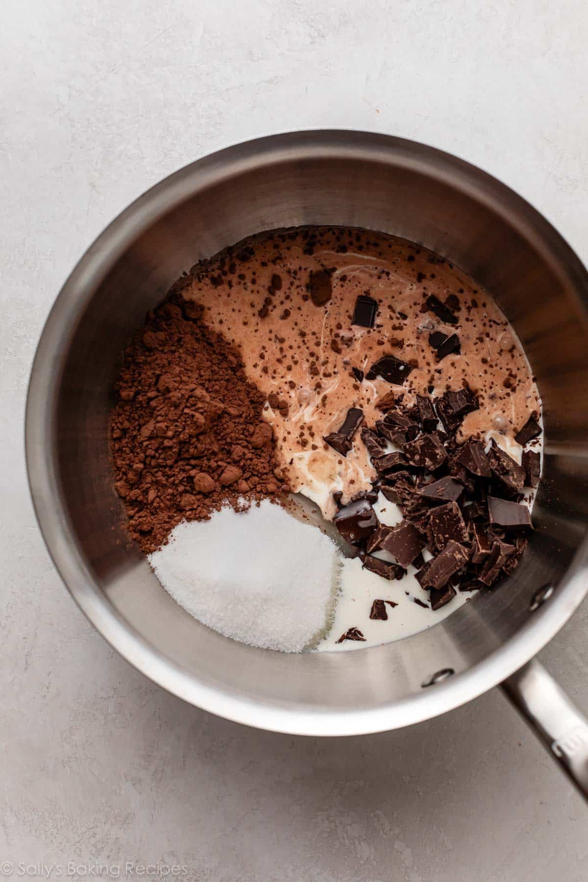 ingredients in pot including cocoa powder, heavy cream, sugar, and corn syrup.