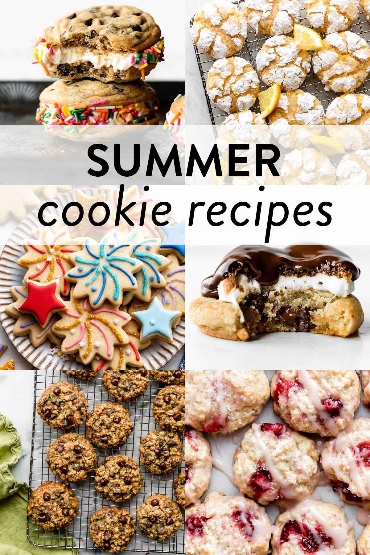 collage of summer cookie recipes pictures including lemon crinkles, fireworks-decorated cookies, ice cream cookie sandwiches, and strawberry cookies.