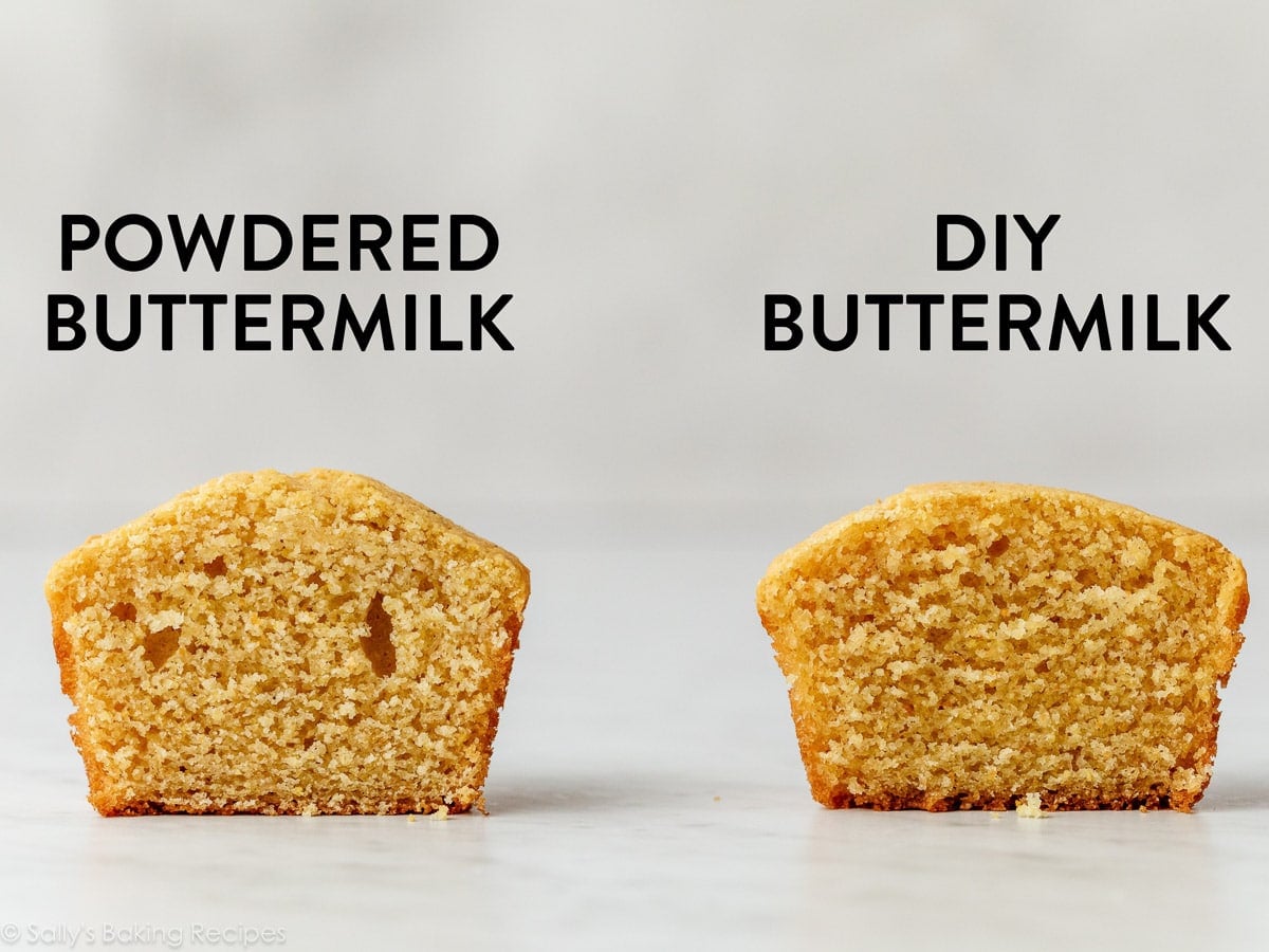 two cornbread muffins next to each other with words powdered buttermilk and diy buttermilk on top.