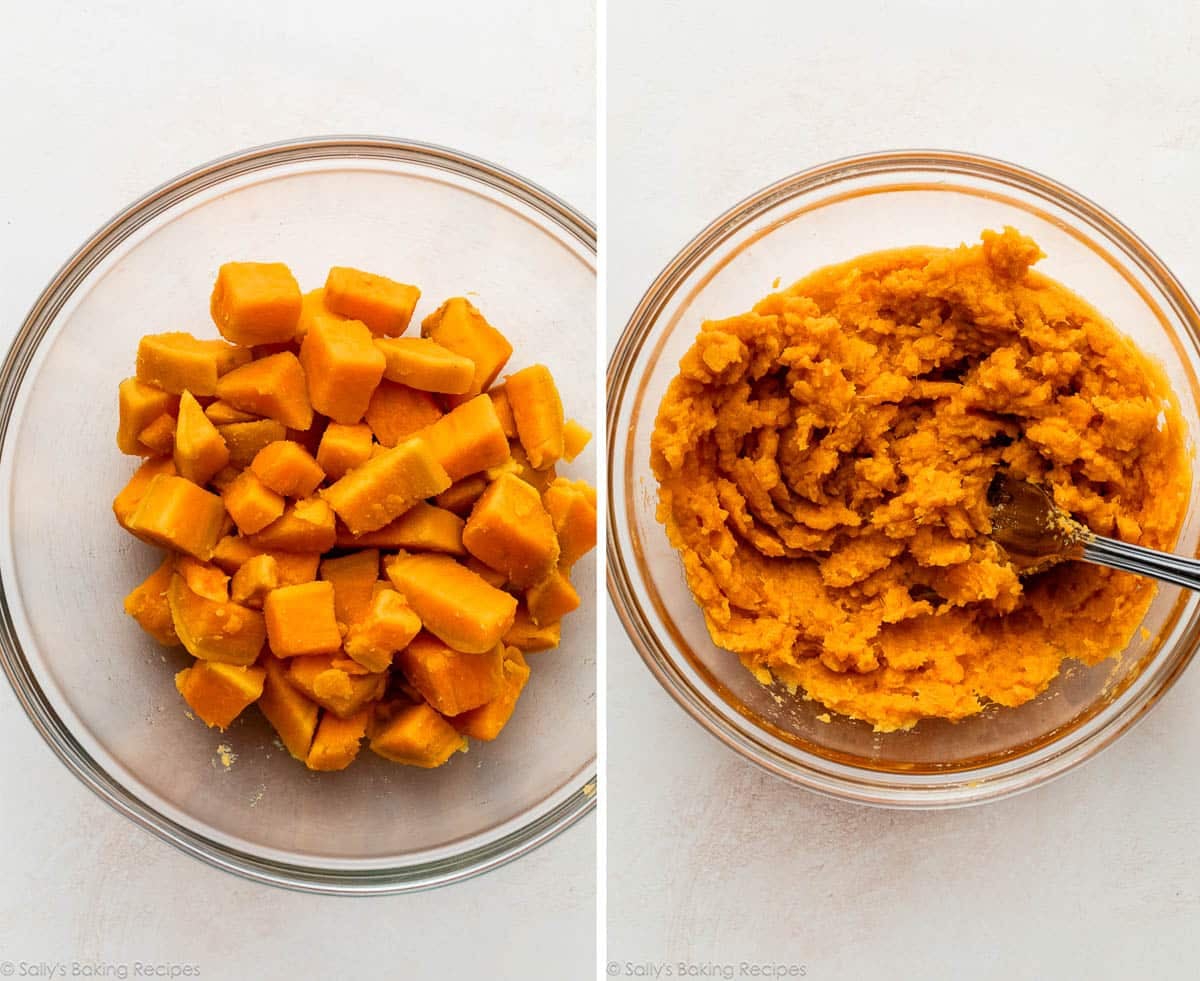 boiled sweet potato chunks in glass bowl and shown again mashed with a fork.