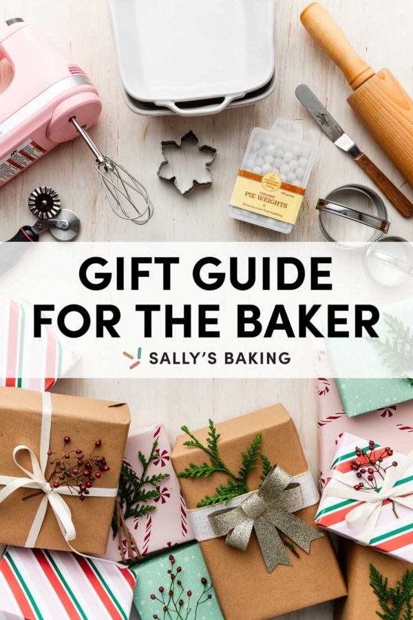 wrapped presents and baking tools with text Gift Guide for the Baker on top.