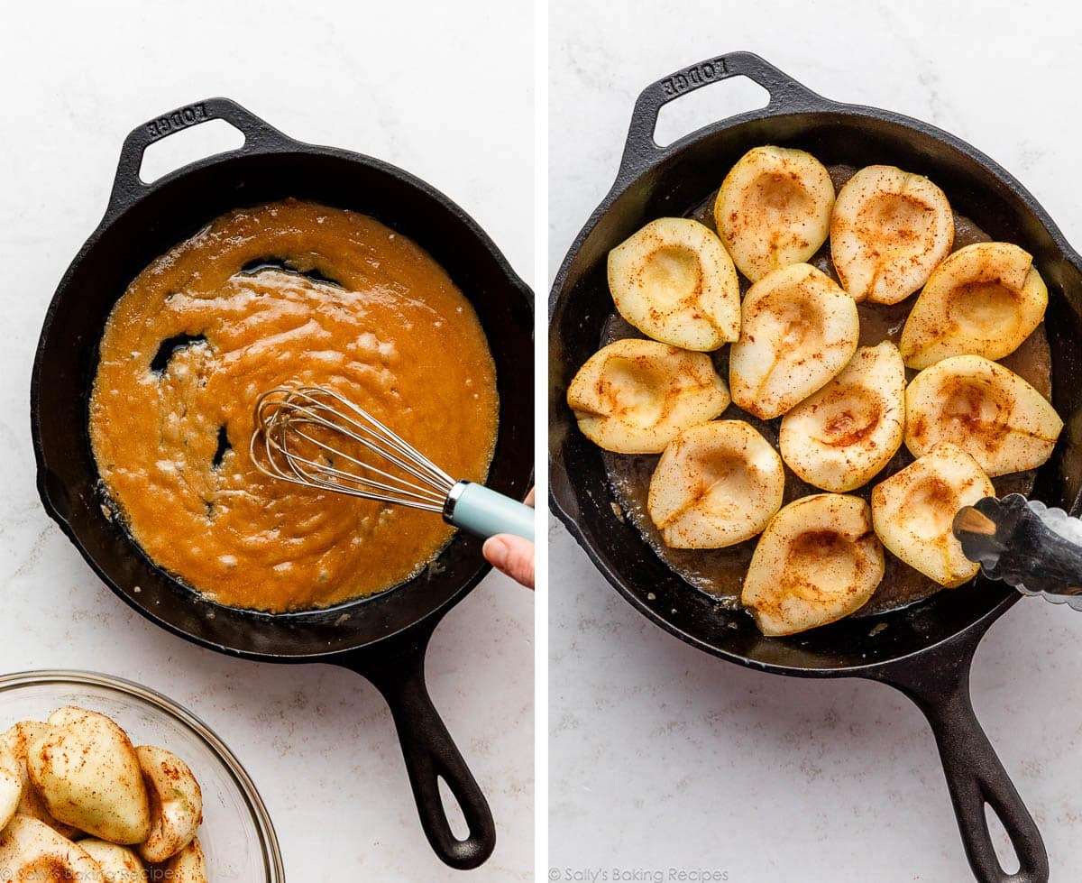 whisking caramel sauce in cast iron skillet and pears being placed on top.