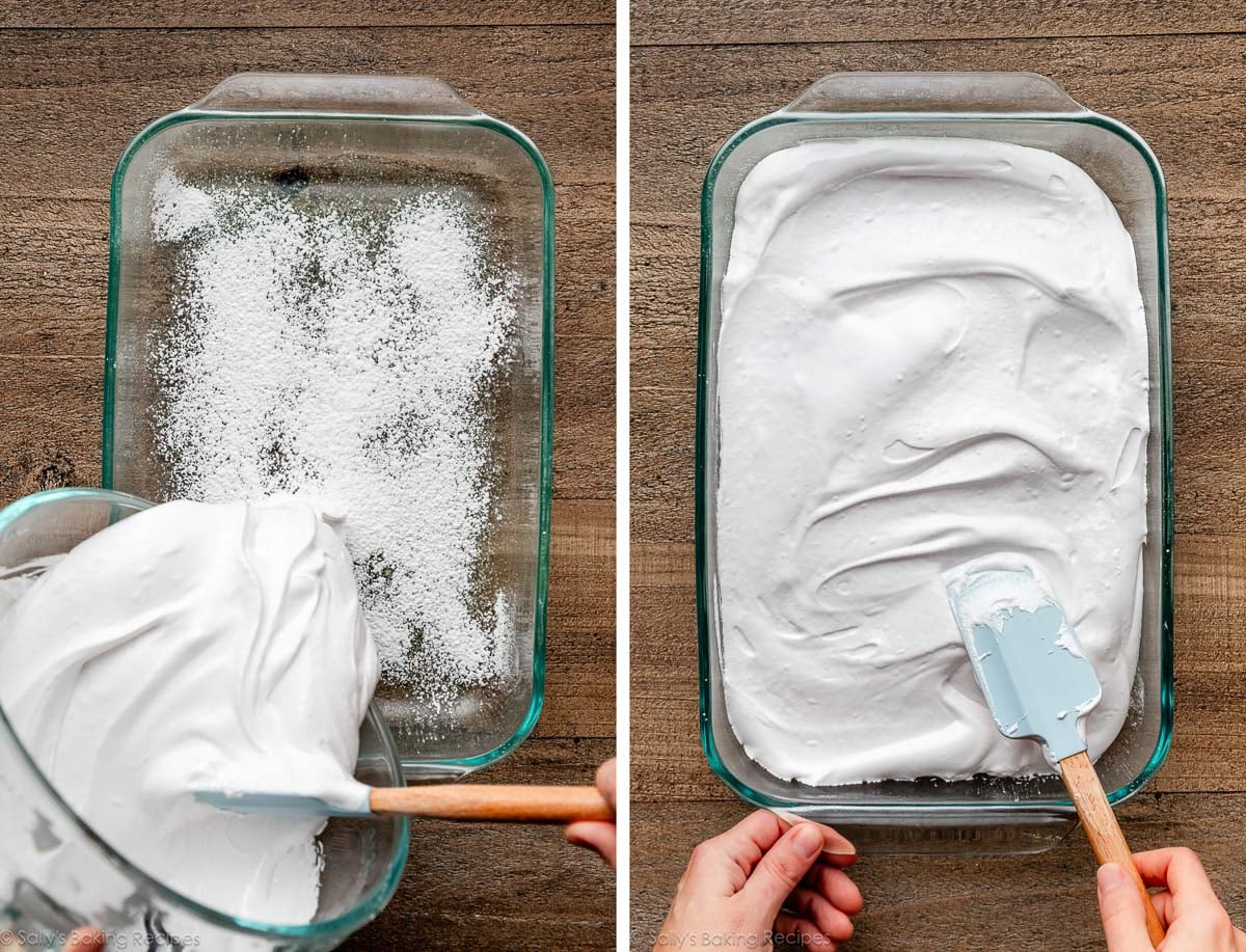 pouring and spreading marshmallow mixture in glass pan.
