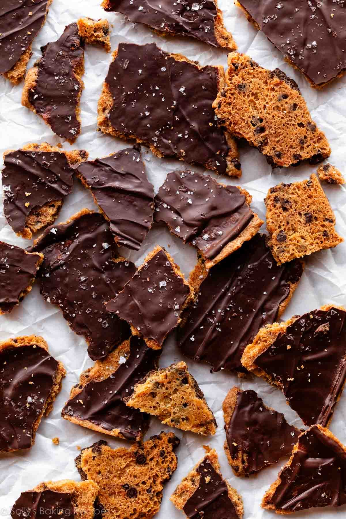 chocolate chip cookie bark with sea salt broken into pieces.