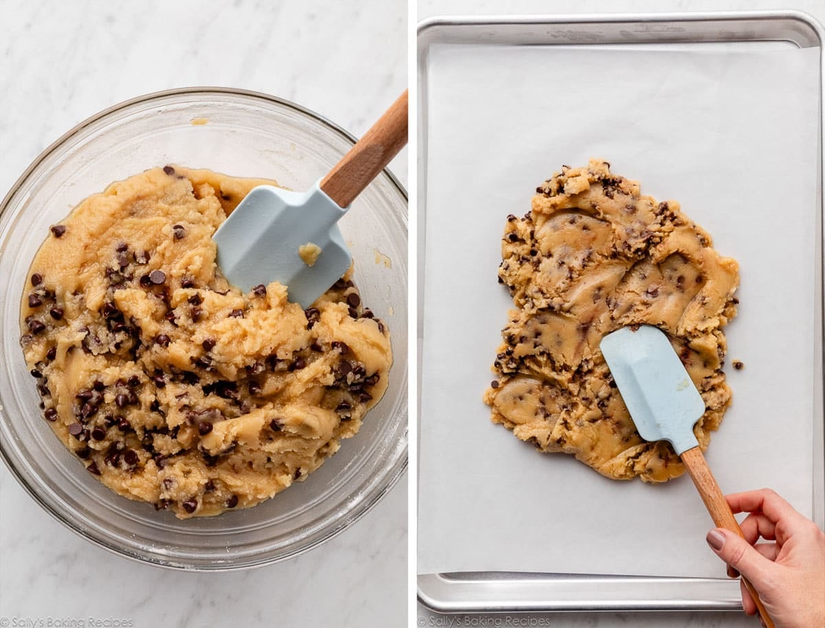 cookie dough in glass bowl and shown again on baking sheet.