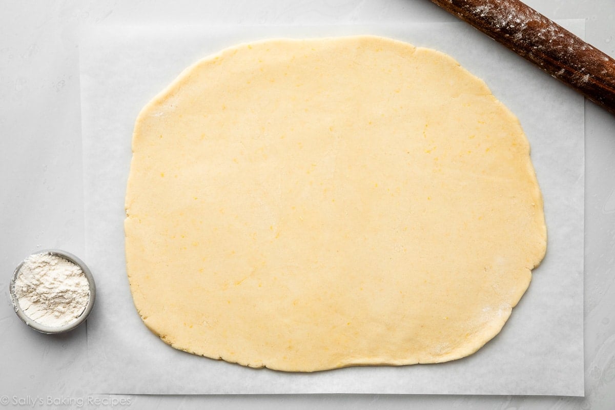 rolled out dough on parchment paper.