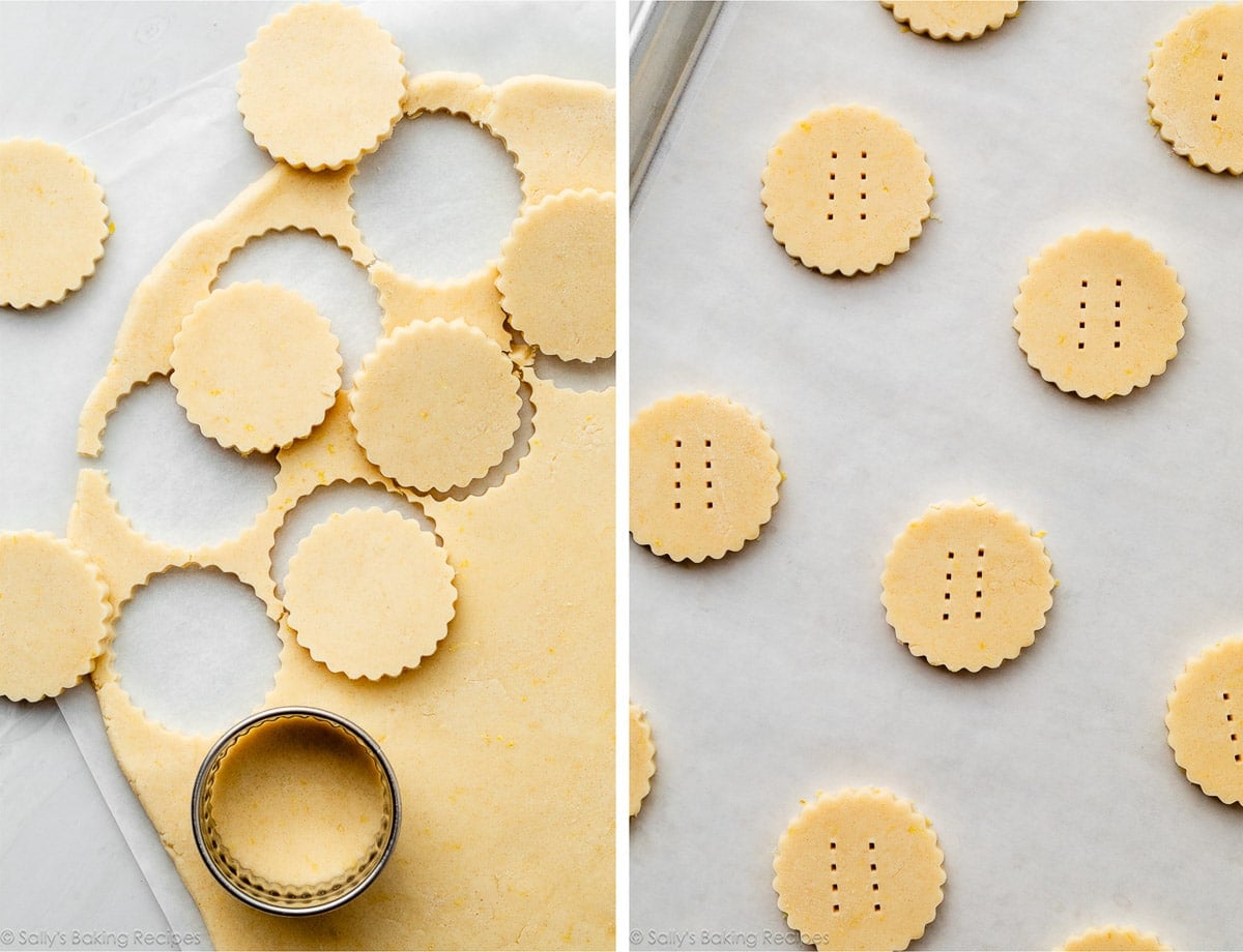 rolled out cookie dough cut into scallop-edged circles and shown again on parchment paper with fork holes poked on top.