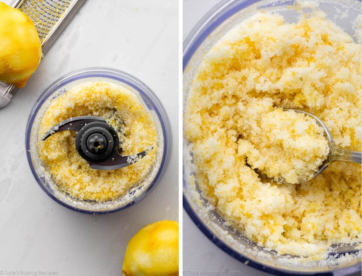 lemon sugar in food processor and shown again up close on a spoon.