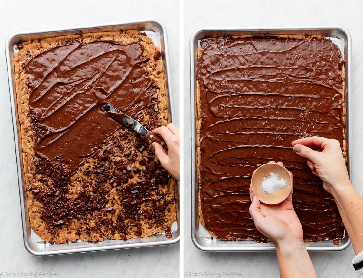 spreading melted chocolate on sheet of baked cookie and hand sprinkling sea salt on top.