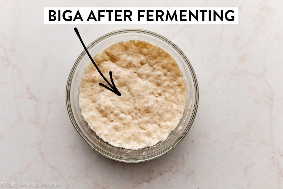 fermented biga in glass bowl with text "biga after fermenting" at the top.