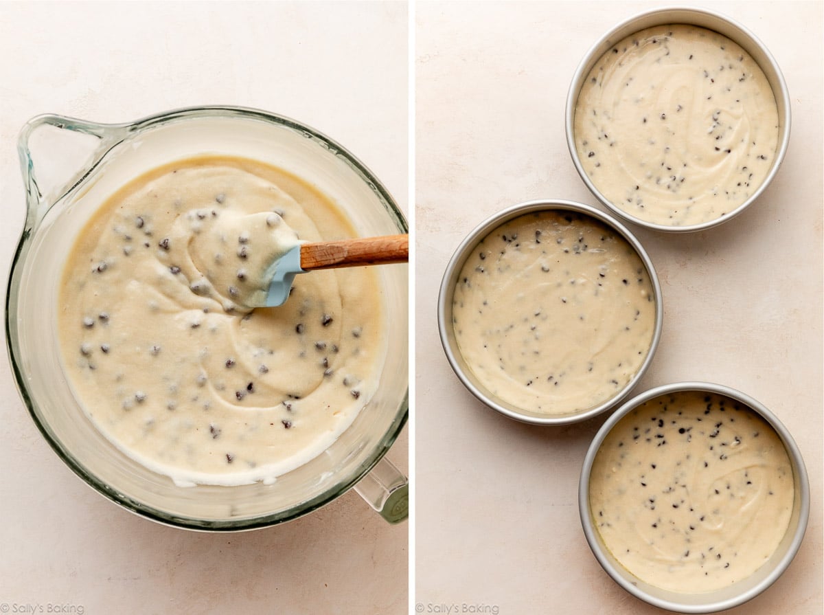 cake batter in glass bowl and shown again in round cake pans.