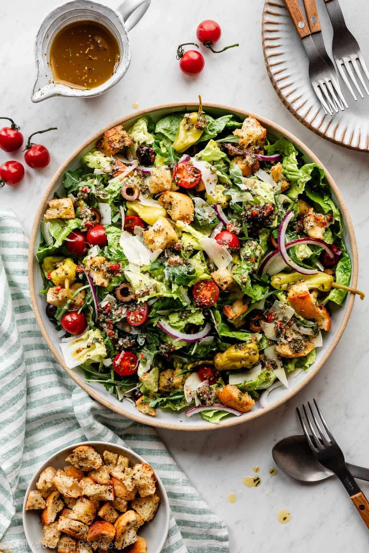 colorful fresh salad with homemade Italian dressing and croutons.