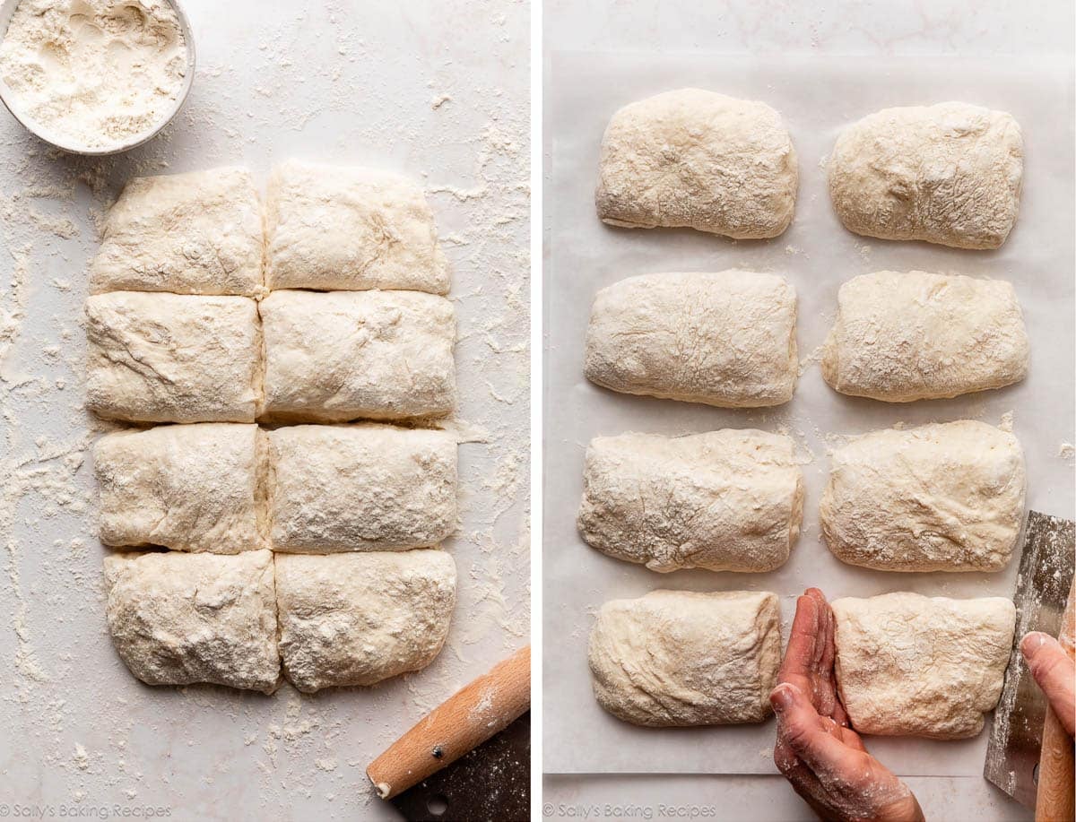 sticky bread dough cut into 8 rectangles and shown again spaced apart with floured hands shaping them.