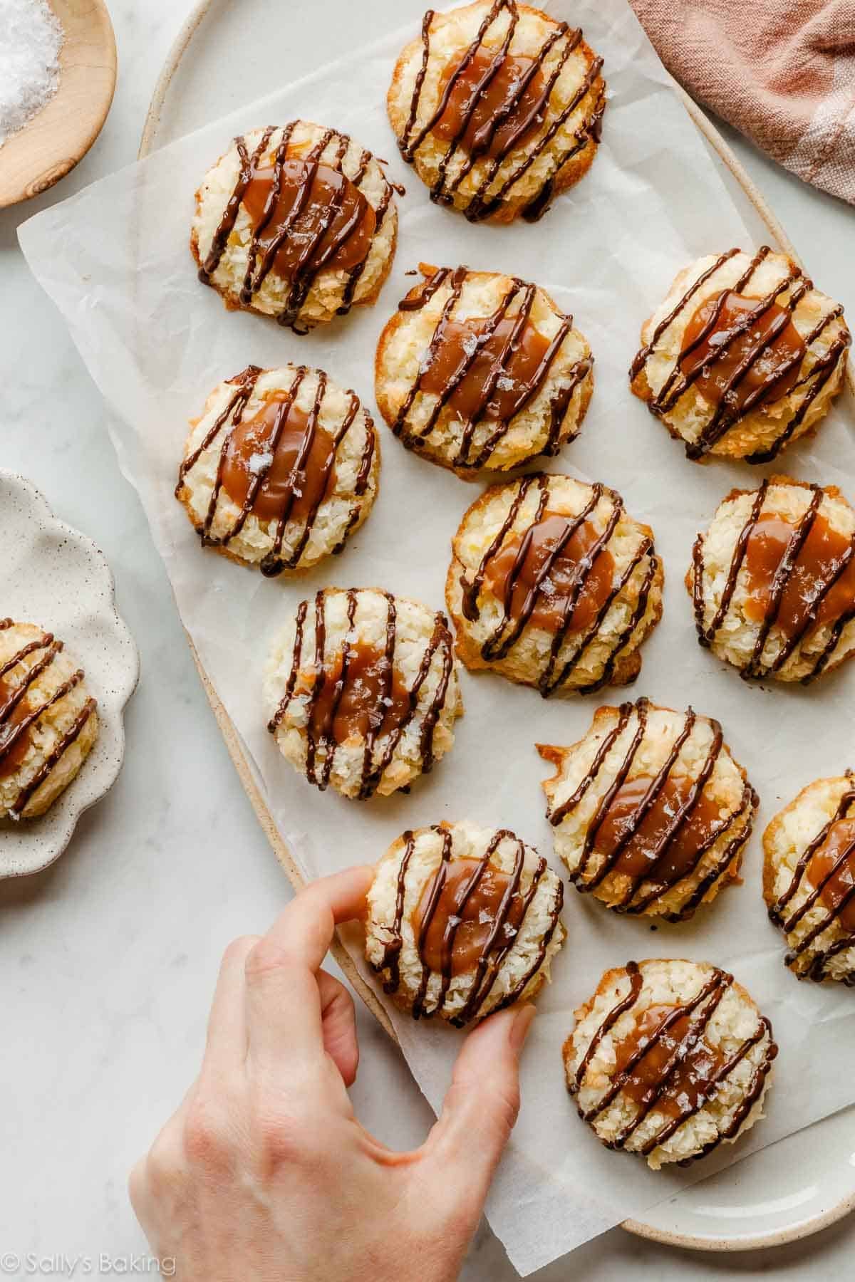 caramel coconut macaroon thumbprint cookies.