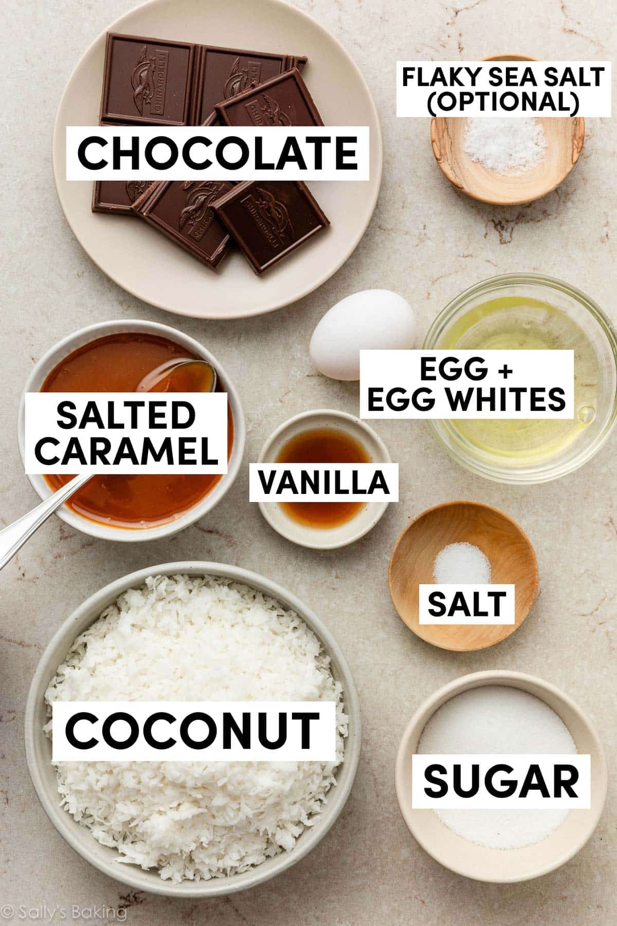 ingredients measured out including egg whites, salt, sugar, vanilla, salted caramel, and chocolate.