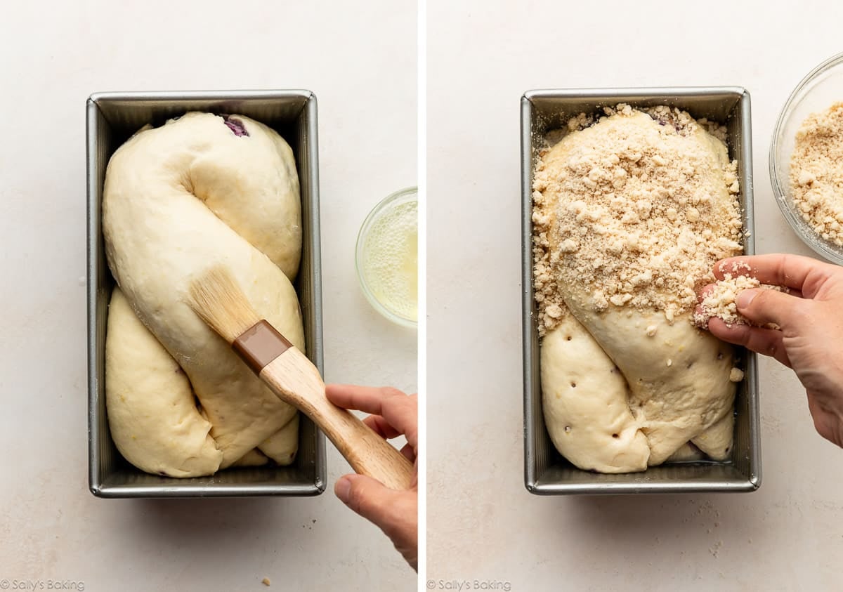 twisted dough in loaf pan and shown again with hands sprinkling crumb topping on the surface.
