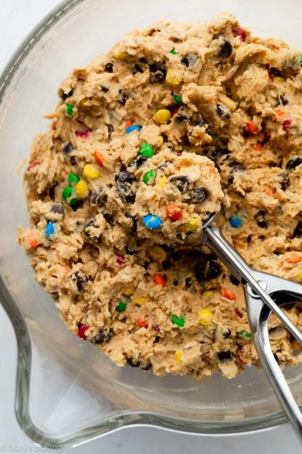 cookie scoop with peanut butter M&M oatmeal cookie dough.