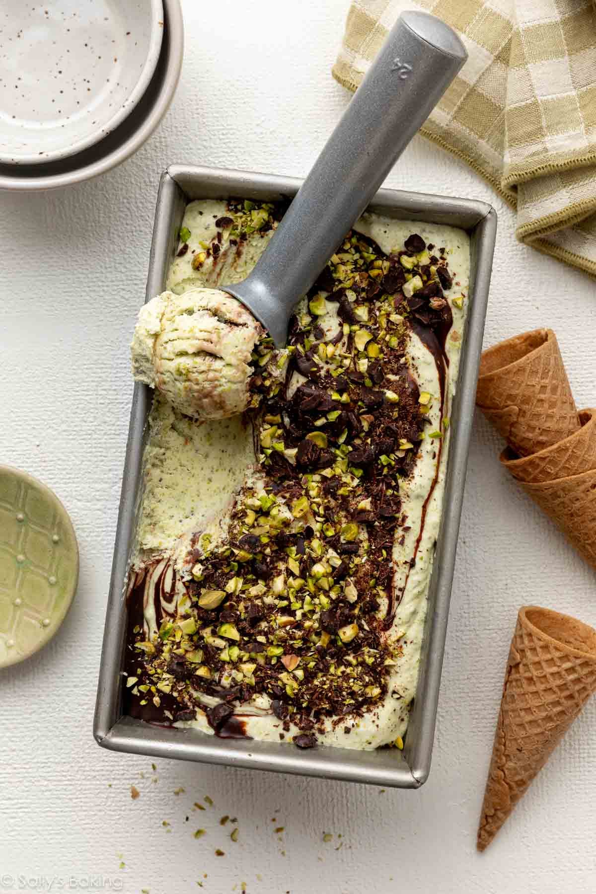 loaf pan of pistachio ice cream.