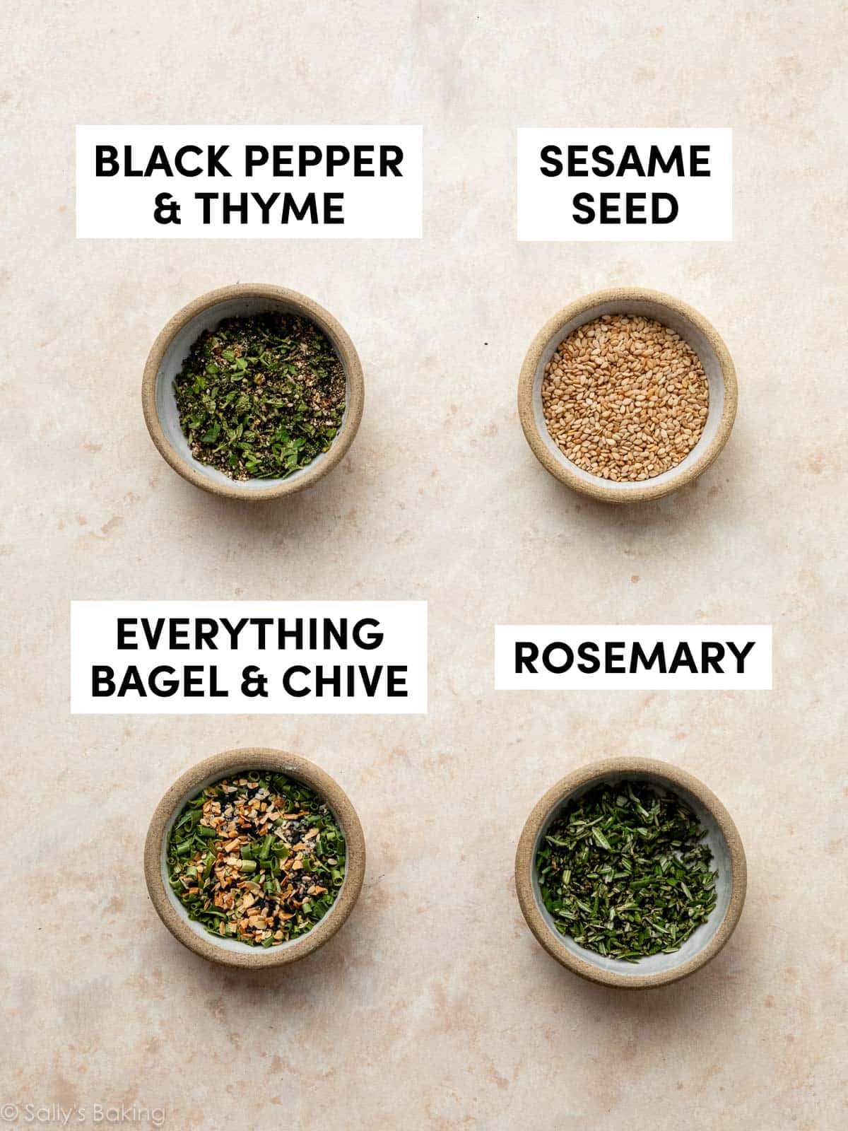 4 small bowls of herbs and seeds.