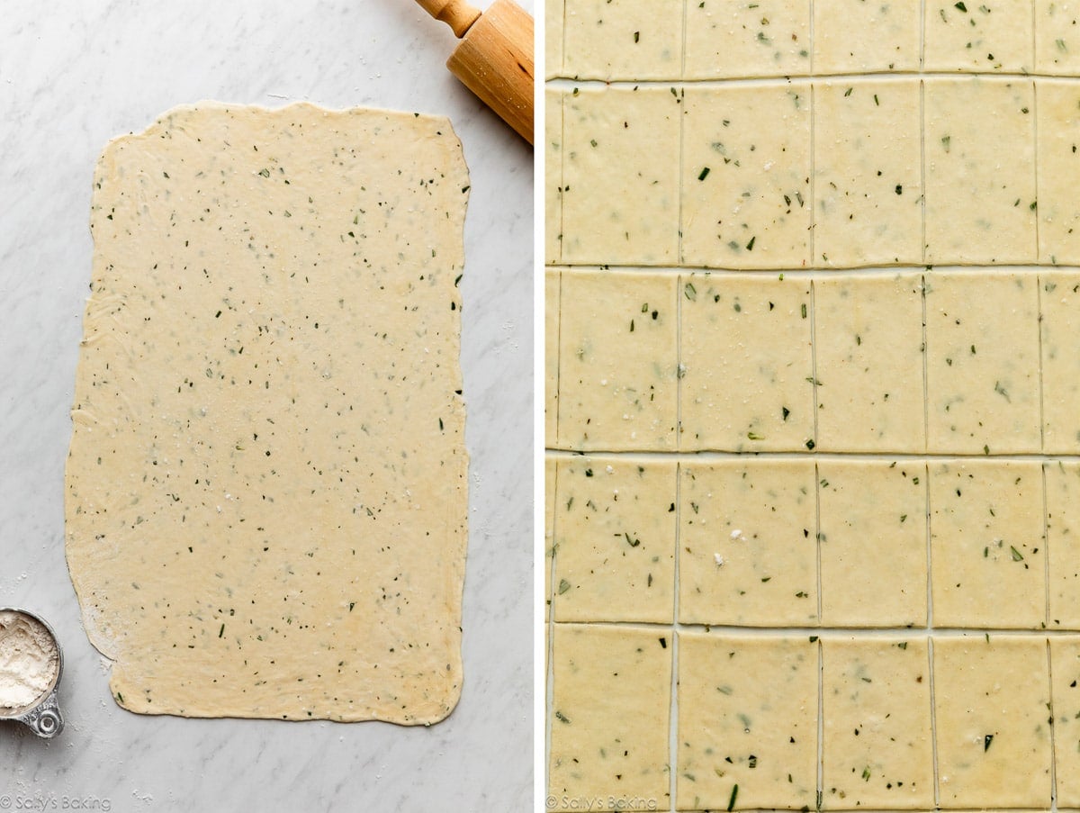 rosemary dough rolled-out and cut into rectangle shapes.