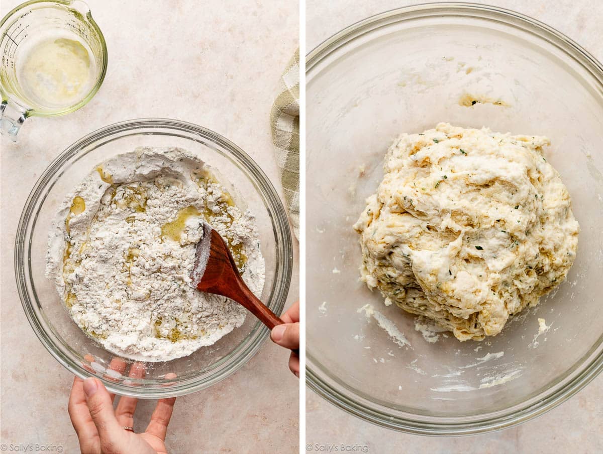 hands stirring ingredients in bowl and dough shown in bowl.