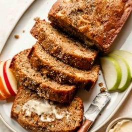 apple zucchini quick bread on platter.