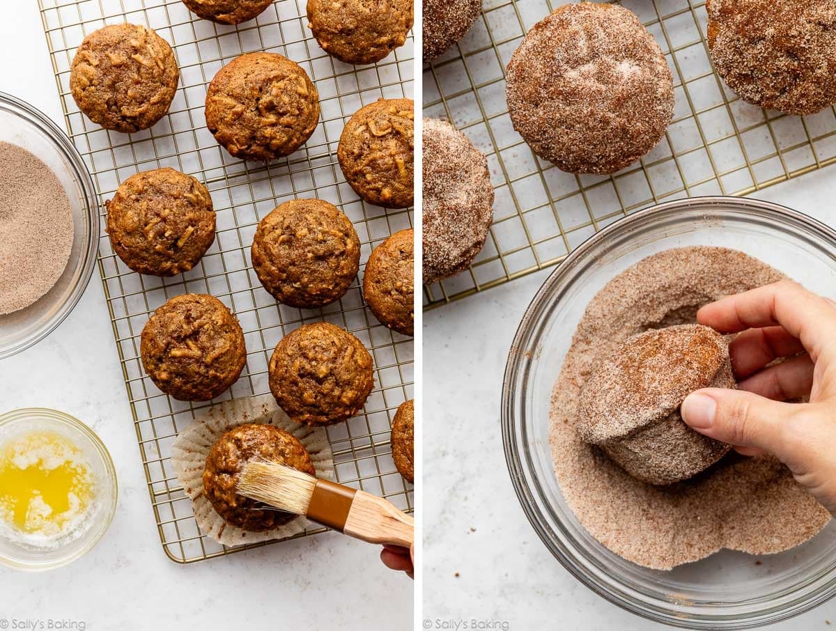 brushing tops of apple cider muffins with melted butter and rolling them in cinnamon sugar.