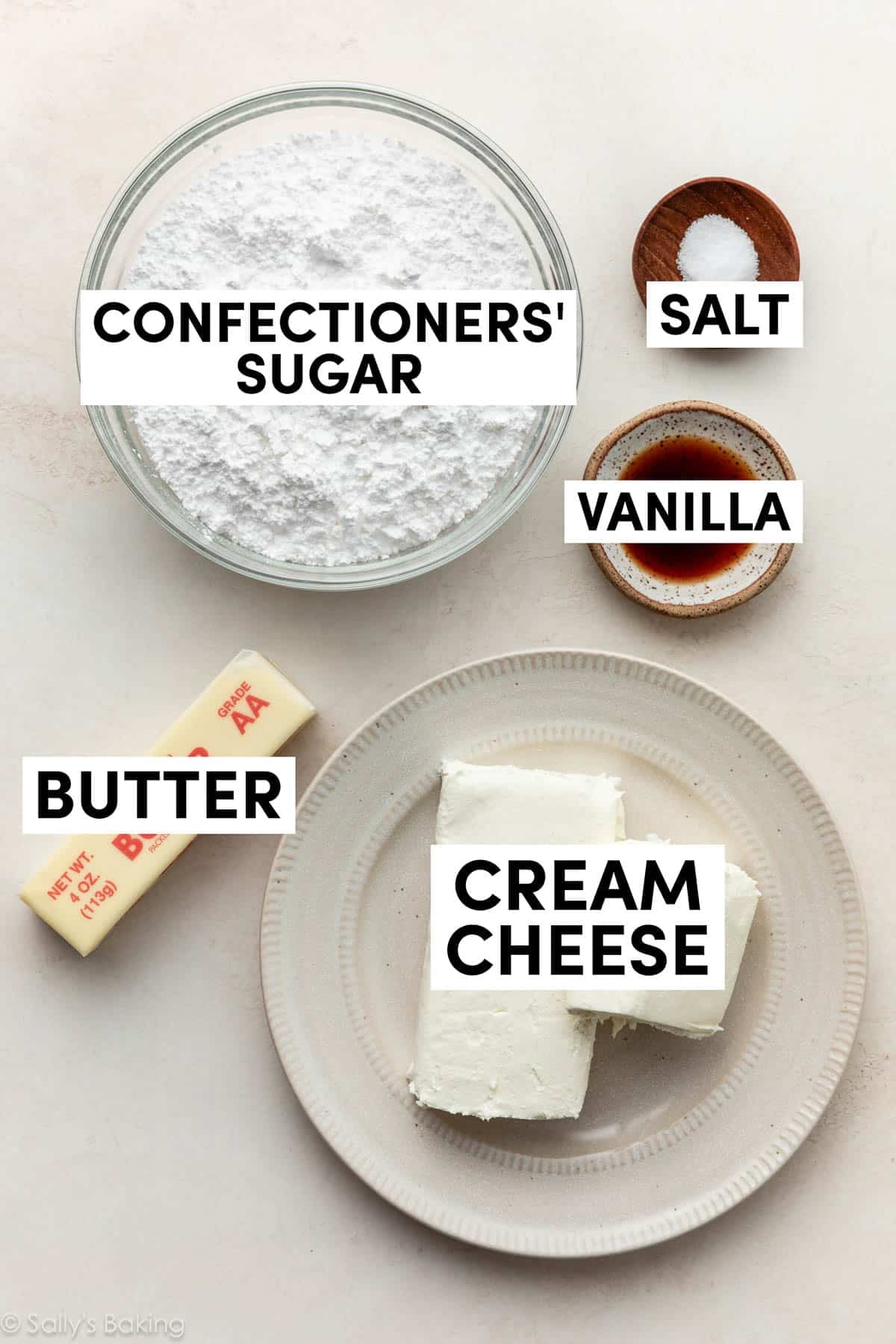 cream cheese, butter, confectioners' sugar, vanilla, and salt.