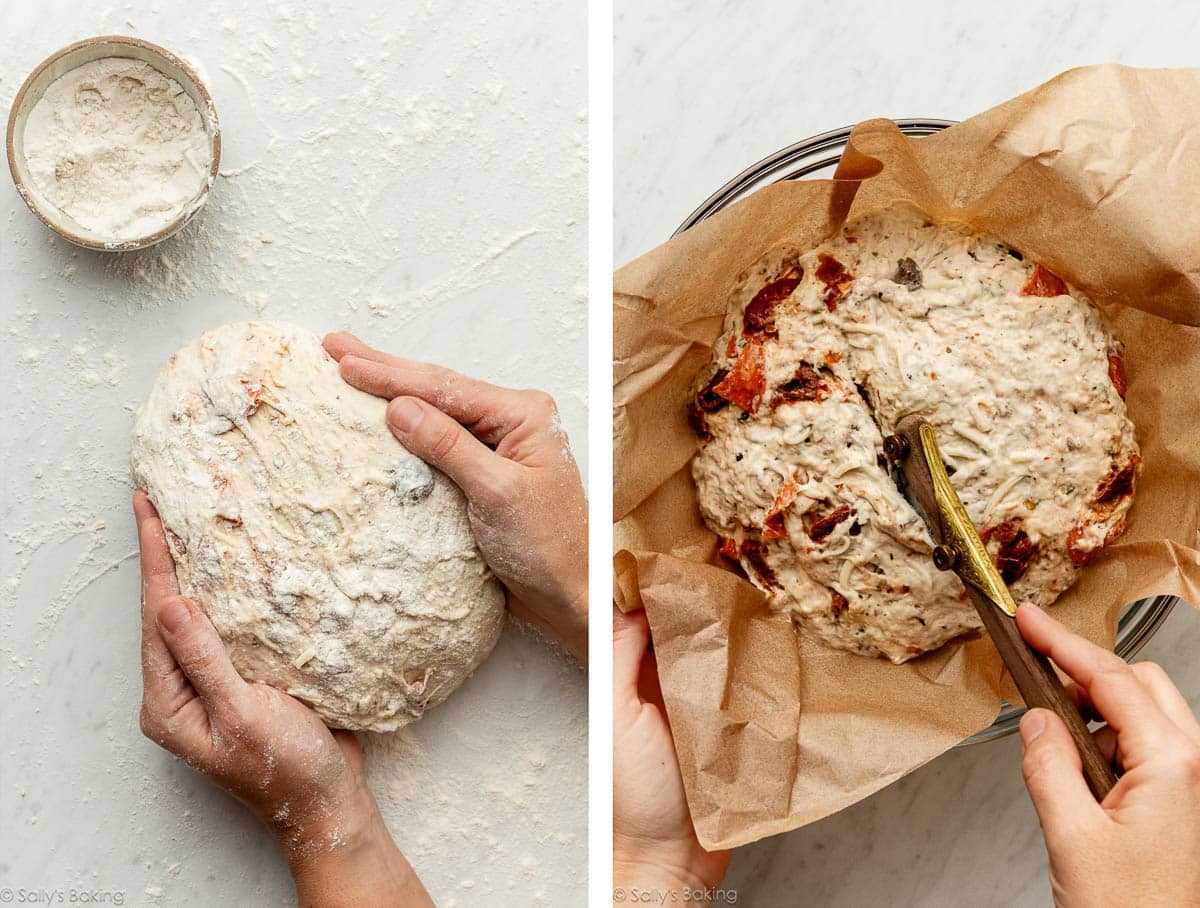 hands holding dough and shown again scoring dough with bread lame.
