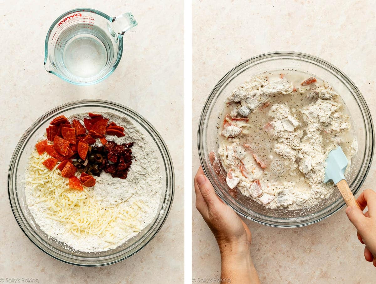 flour in bowl with pepperoni and mozzarella cheese and shown again being mixed together.