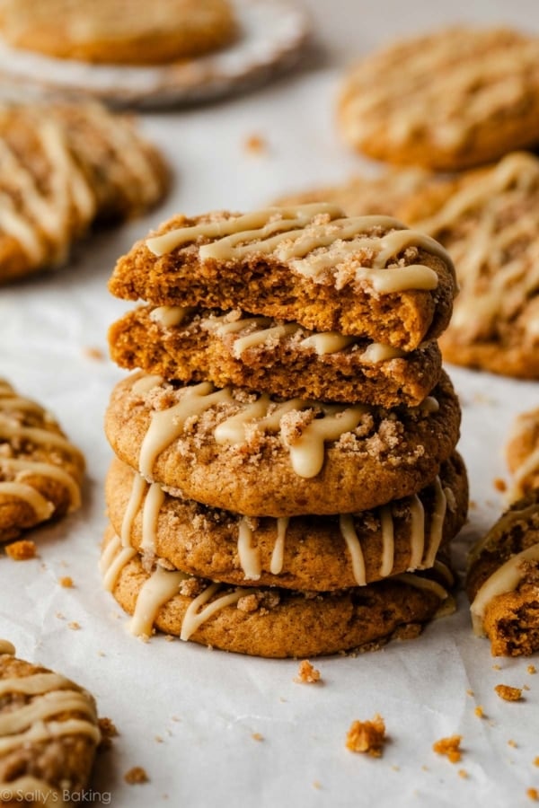 stack of pumpkin crumb cake cookies.