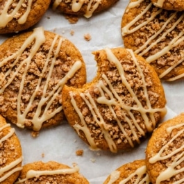 pumpkin crumb cake cookies with maple icing.