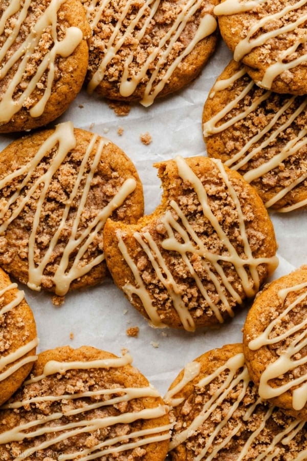 pumpkin crumb cake cookies with maple icing.