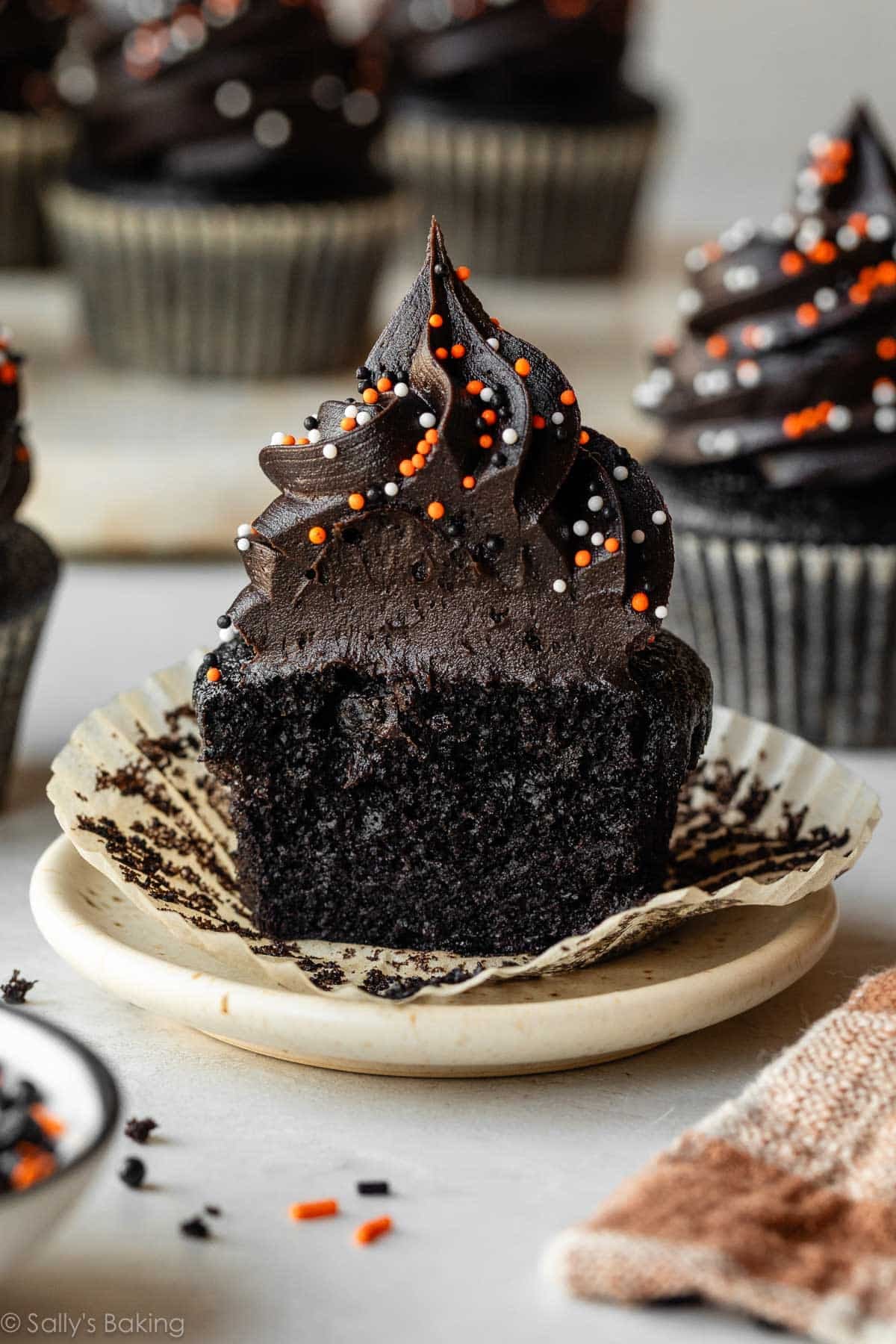 black velvet cupcake cut in half.