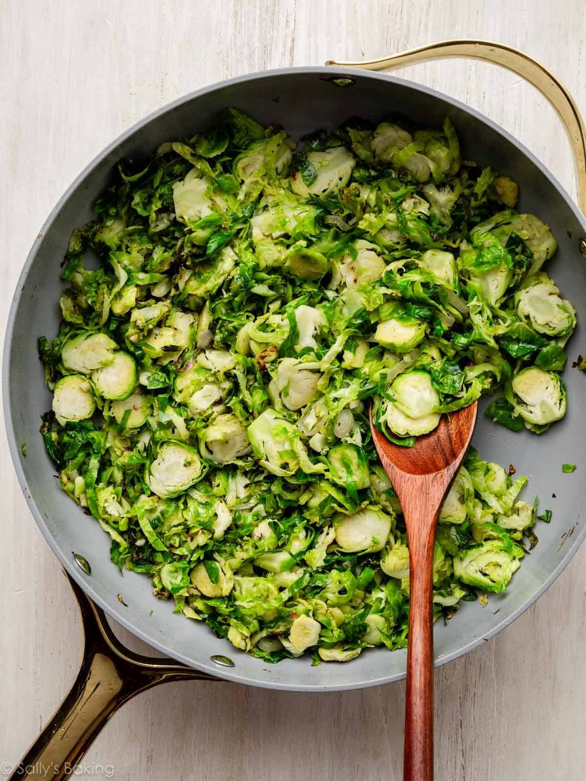 cooked Brussels sprouts in pan.