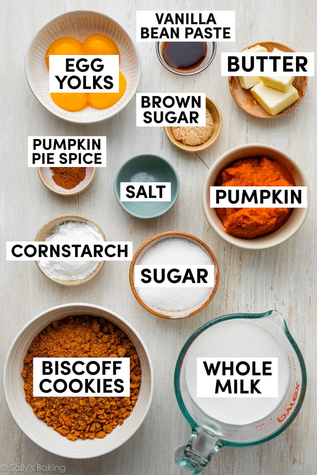 ingredients in bowls including brown sugar, butter, egg yolks, whole milk, and cornstarch.