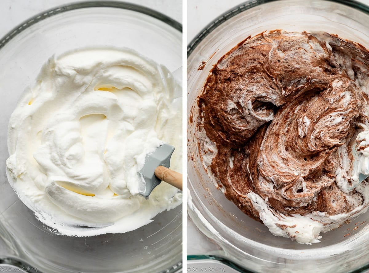 whipped cream and shown again combined with chocolate mixture.