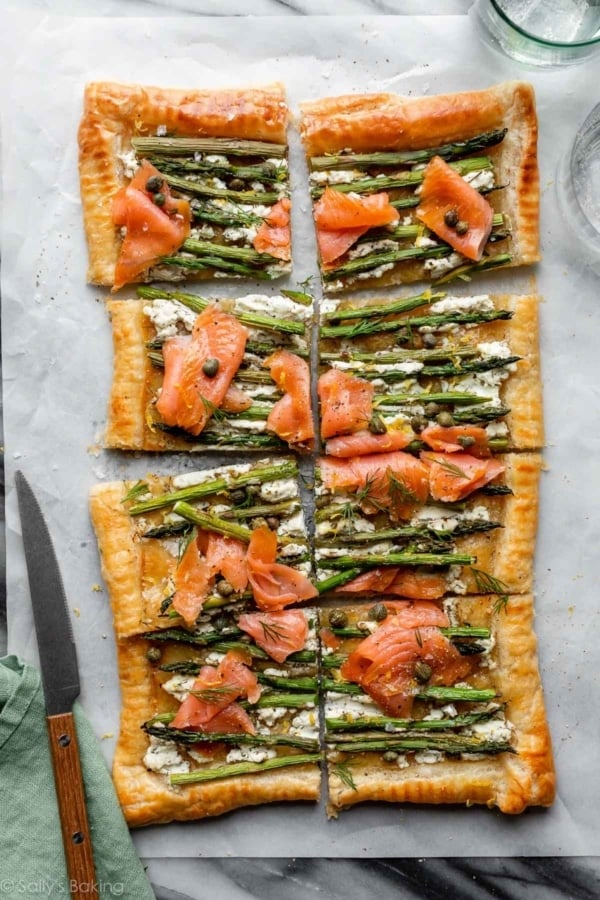 asparagus & smoked salmon tart with puff pastry crust.