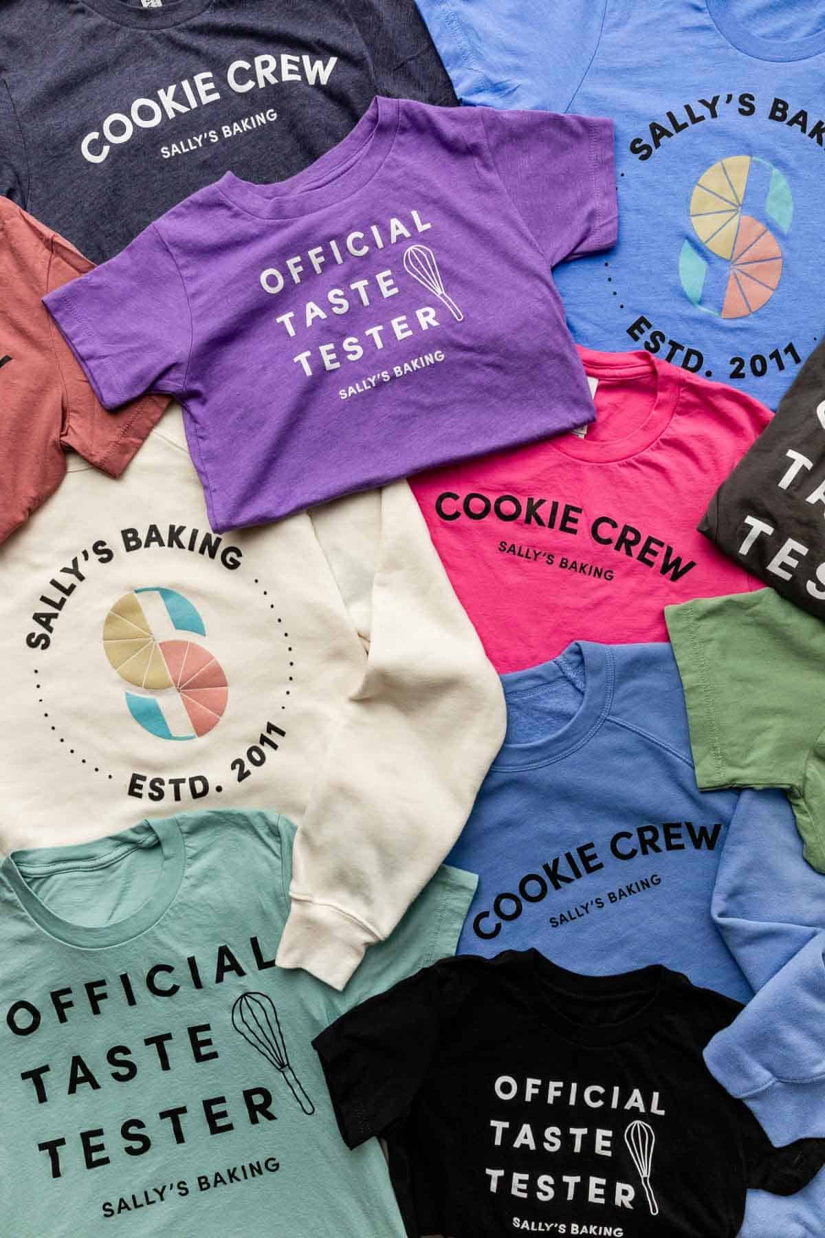 sally's baking t-shirts and sweatshirts in various colors.